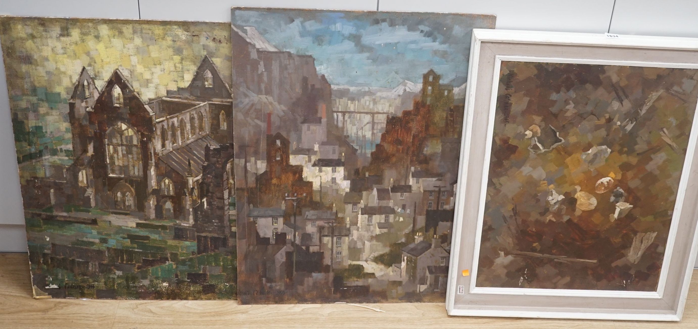 Michael Cadman (1920-2012), nine oils on board, Landscapes and study of abbey ruins, some unfinished but most signed and dated c.1966-70, largest 72 x 61cm, one framed